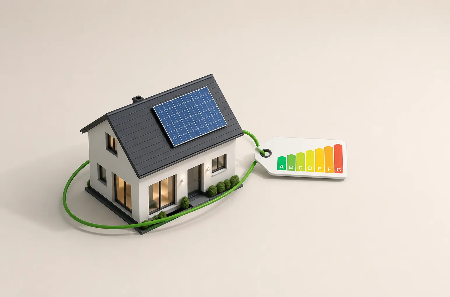 Étude thermique d'une maison avec étiquette de performance énergétique et panneaux solaires