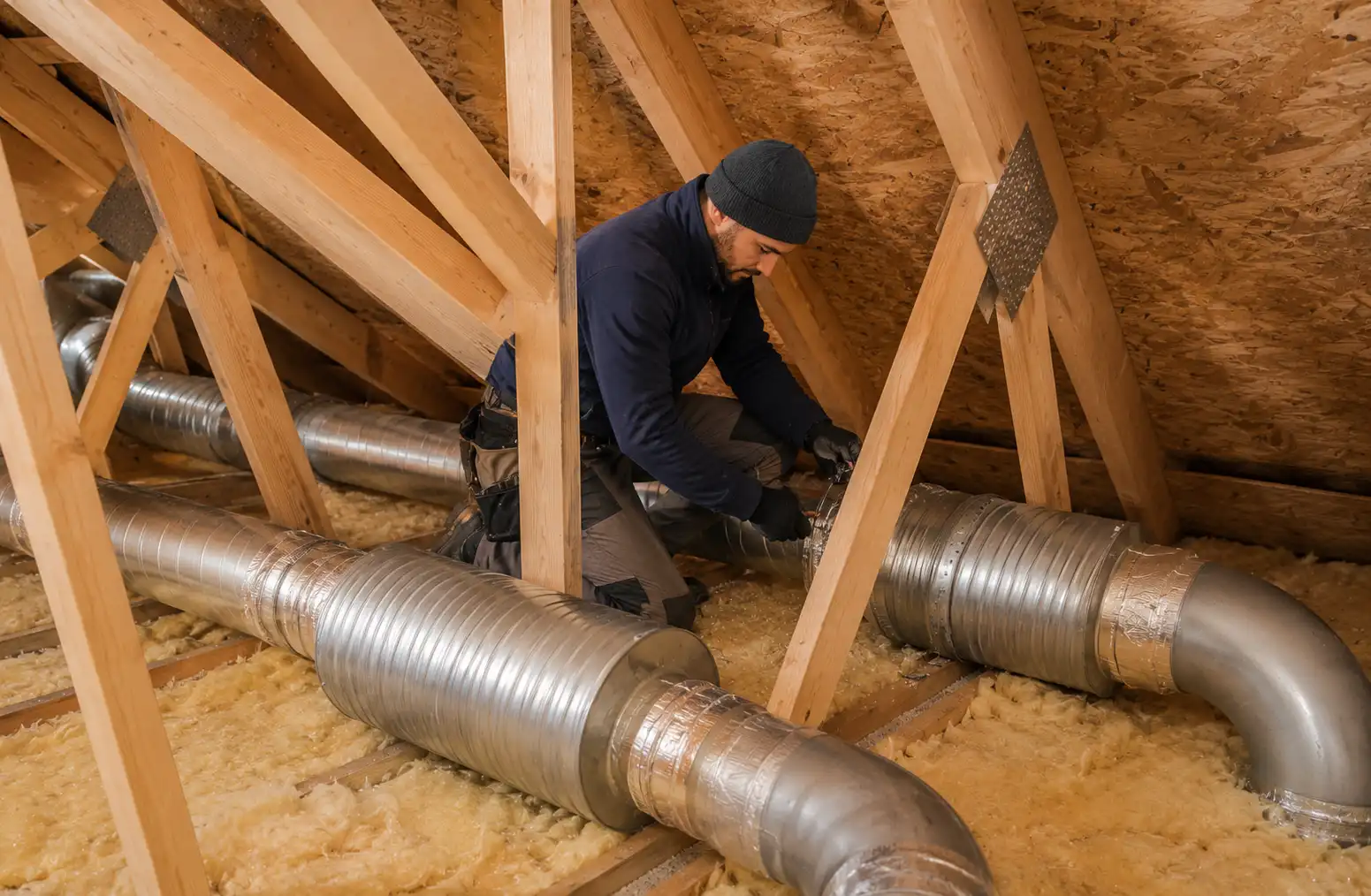 Technicien vérifiant l'isolation et la ventilation dans le cadre d'une étude thermique RT existant